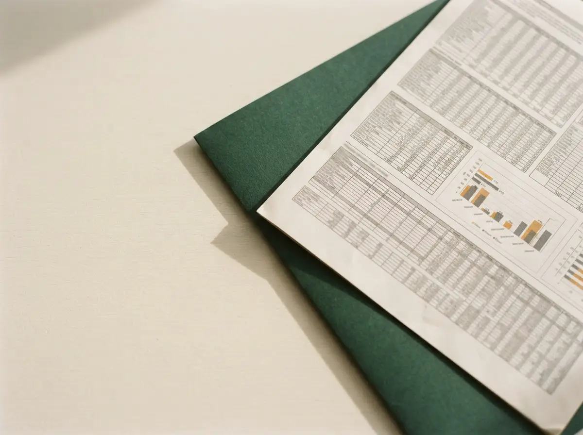 A quote-ledger analysis sheet resting on a dark green folder