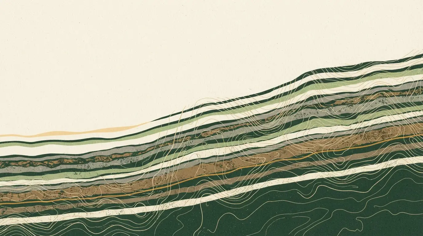 Layered strata of green, cream and soil crossed by plotted contour lines