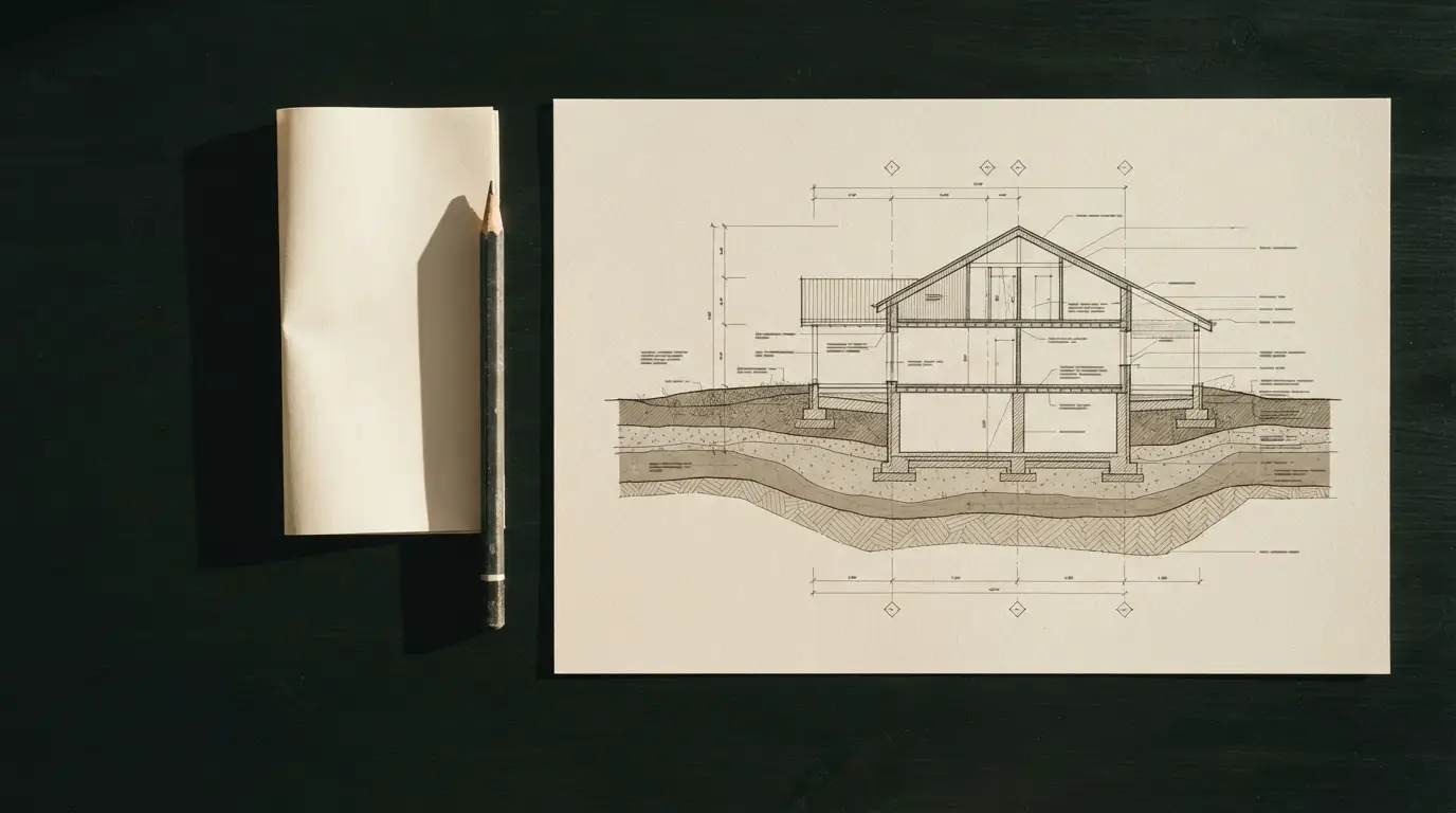 A drafted cross-section of a building on a cream sheet, lying on a dark green-black surface in raking afternoon light.