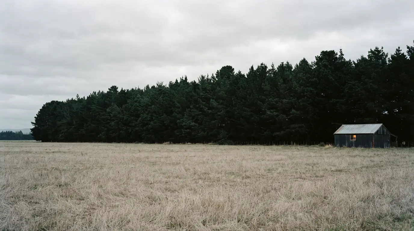 A planted shelterbelt of pines across flat Canterbury farmland under overcast light, with a small shed at the edge.