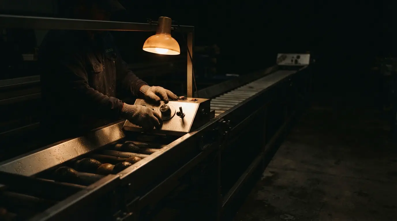 A packhouse grading line at night, lit by a single warm lamp above an operator's hands at the controls.