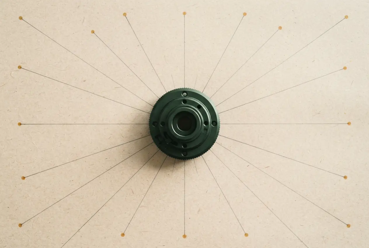 A machined dark-green component on oat paper, with hairline leader lines running out to amber terminal dots.